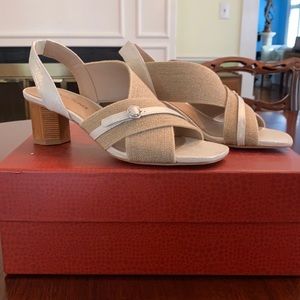 Donald Pliner Tan Linen Stretch Octagonal Wooden Heel Radly Sandal Size 6